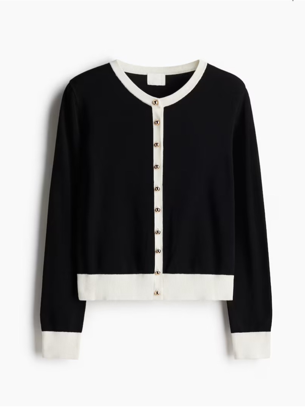 H&M Black Cardigan with White Contrast Trim and Gold Buttons